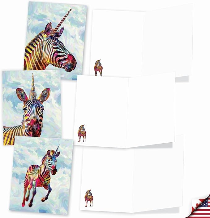 The Best Card Company 20 Assorted Blank All Occasions Notecards Box Set 4 x 5.12 Inch with Envelopes (10 Designs, 2 Each) Zebra-corns AM10312OCB-B2x10