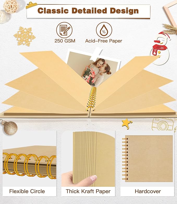 EJBLFE DIY Scrapbook Album, Hardcover Kraft 7x7 inch 40 Pages Scrap Book Photo Album with Metallic Pen for Family Memory Book, Wedding Anniversary, Tickets Etc