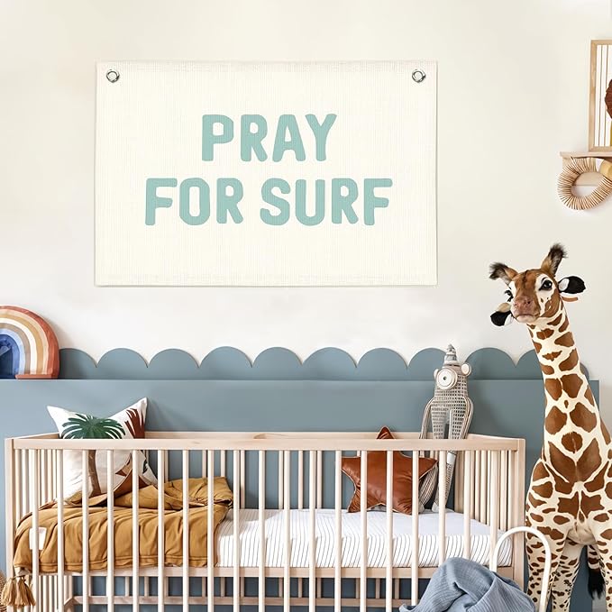 Lacama Surf Decor, Coastal Beach Room Decor Aesthetic, Surf Blue Linen Banner Wall Hanging Canvas Banner Flag Decor for Coastal Surfer Room Bedroom Beach Decorations 30x20 In