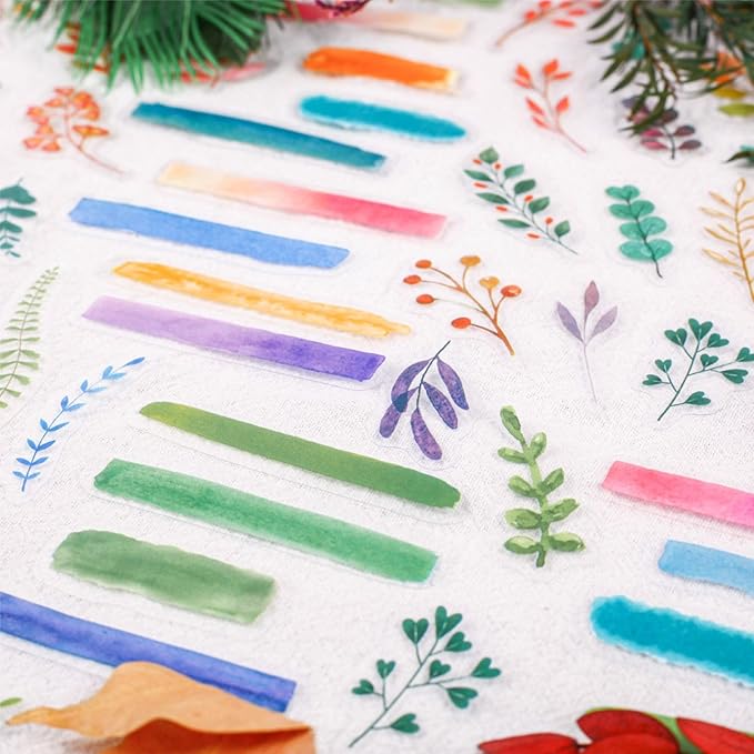 180 Pieces Botanical Colorful Watercolor Branches PET Stickers, 6 Pack Aesthetic Background Decorative Stickers for Scrapbooking, Journaling, Creative Journal Supplies and DIY Crafts