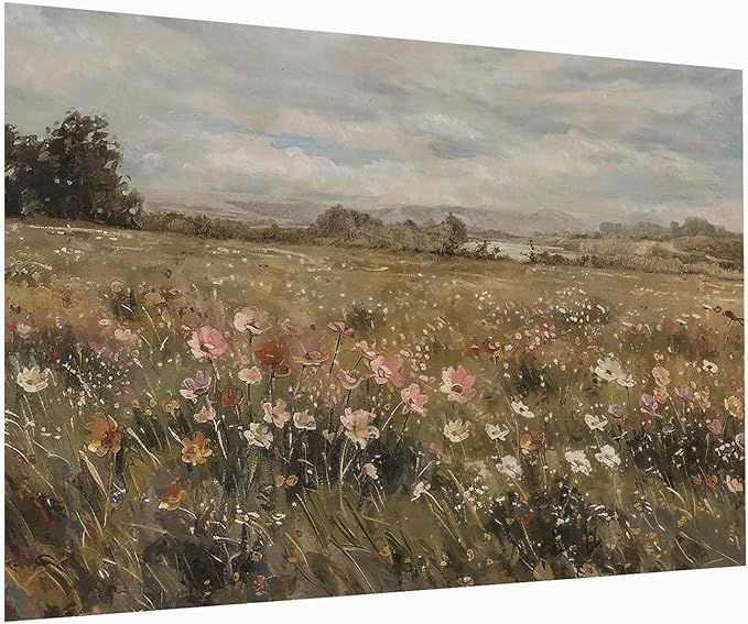Large Botanical Landscape Wall Art-Large Wild Flower Art,Wildflower Field Vintage Landscape Print,Wild Flower Horizontal Art,Botanical Floral Panoramic Wall Art,Living Room Decor16x24Unframed