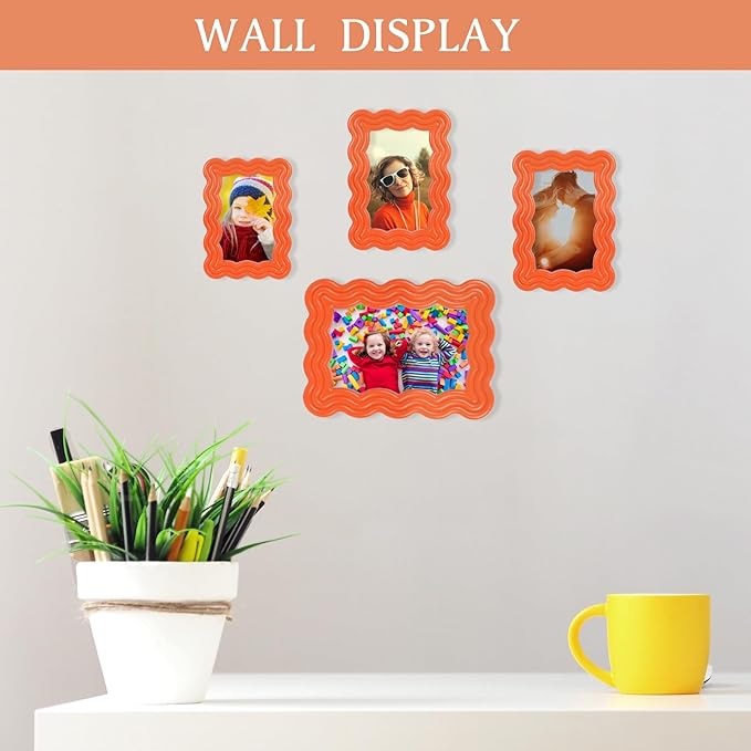 4x6 Picture Frame, Display Pictures 4x6 with Mat, Wavy Edge Wood Photo Frame for Tabletop and Wall Hanging, with Clear Plexiglass for Vertical or Horizontal Display, Orange, 1 Pack