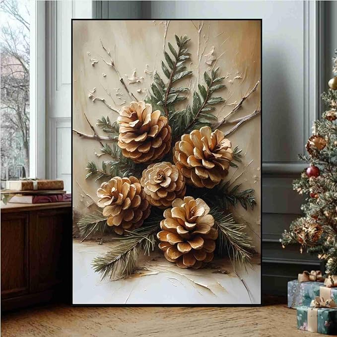 Vintage Christmas Canvas Painting Rustic Nature Print Forest Canvas Wall Art Botanical Wall Decor Brown Green Painting Poster Indoor Decor for Home Offices Living Room Bedroom Framed Ready to Hang