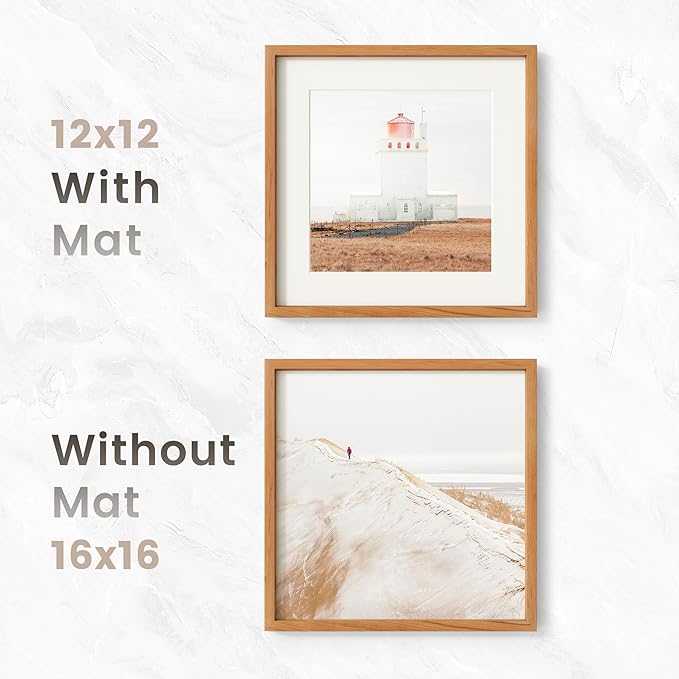 16x16 Picture Frame, USA-Sourced Natural Cherry Wood Photo Collage Frame with HD Tempered Glass, Modern Simple 16 x 16 Wooden Frame Matted to 12x12, Gallery Wall Frames for Art