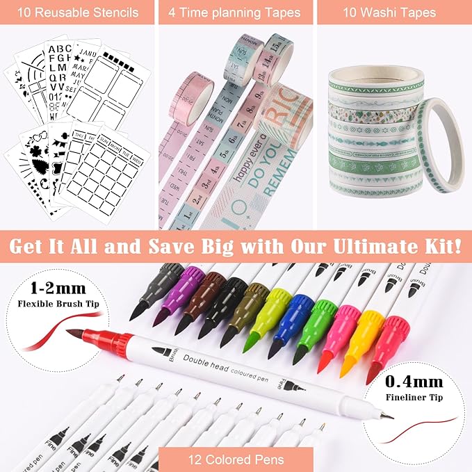 Bullet Dotted Journal Kit, 140gsm Hardcover A5 Dotted Journal with 188 Numbered Pages and 3 Index, 12 Brush Pens Dual Tip, 10 Stencils and 14 Washi Tape for Women Men Teen Girls, Pink
