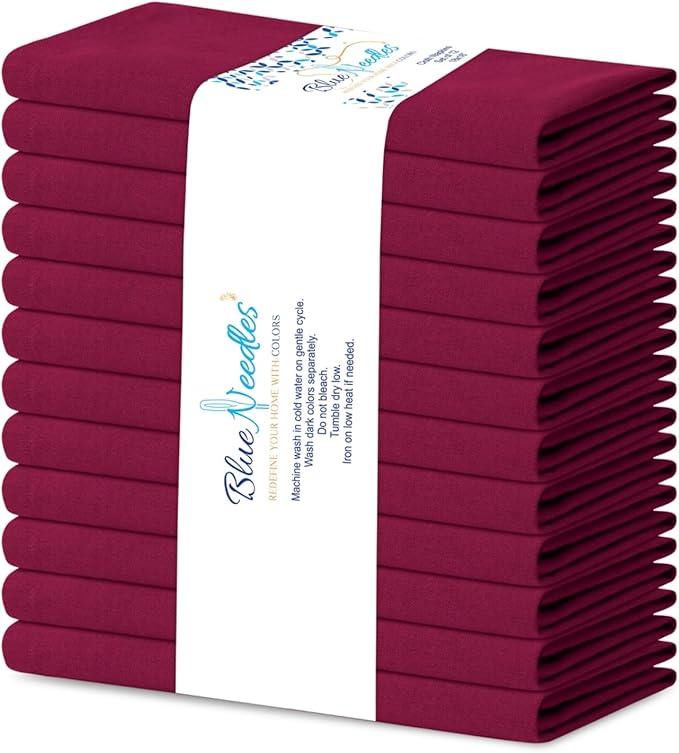 Blue Needles Solid Cloth Napkins Set of 12 Burgundy 100% Cotton Dinner Napkins 18x18 inches - Soft, Reusable, Absorbent & Washable Linen, Ideal for Christmas Events, Parties & Everyday Use