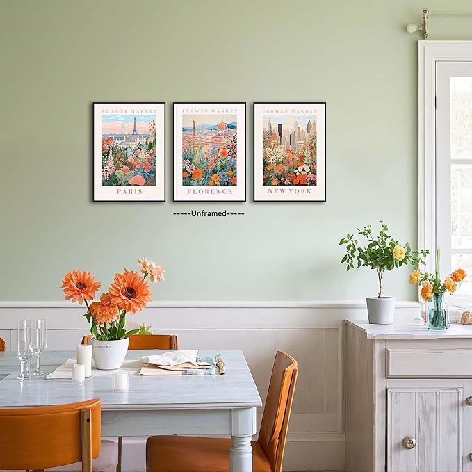 XLARTMY Flower Market Wall Art Prints Canvas Orange and Pink Floral Paintings Colorful Botanical Travel Flower Posters for Home Decor Pictures Set of 3 for Living Room Bedroom 12x16in Unframed