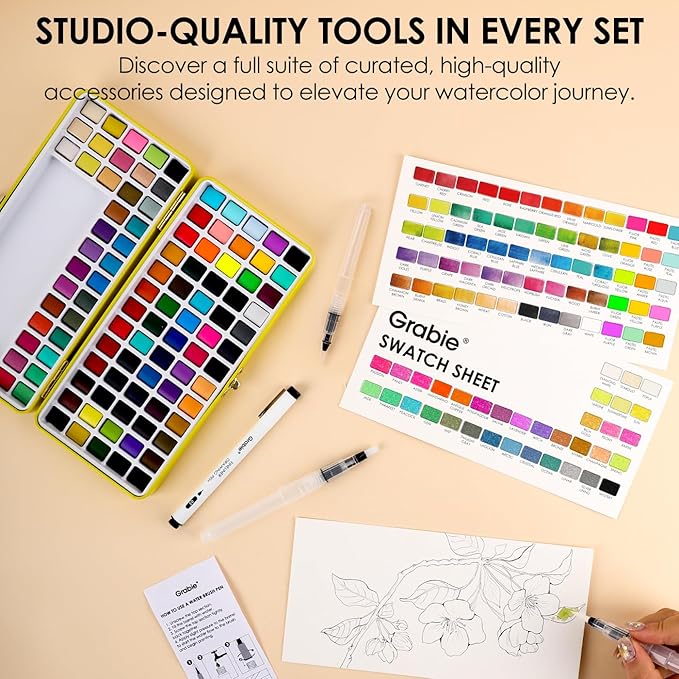 Grabie 50 Colors Premium All-In-One Water Color Paint Set - Detail Paint Brush Included, Watercolor Paints, Painting Sets, Art Supplies, Portable & Travel Watercolor Set, Amateur Hobbyists