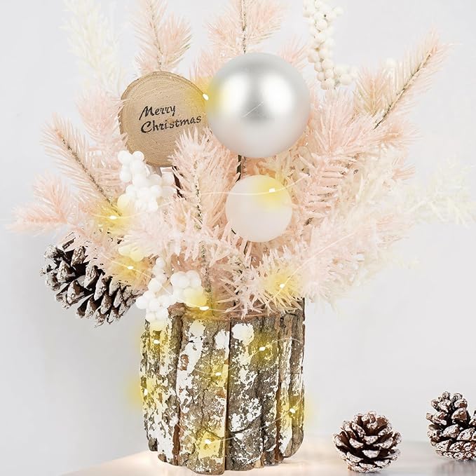 Small Table Top Christmas Tree with Lights, Mini Christmas Tree Decorations with Merry Christmas Pine Cones Berries Balls Ornaments for Home Party Centerpiece Indoor Decorations, 12Inch, Pink