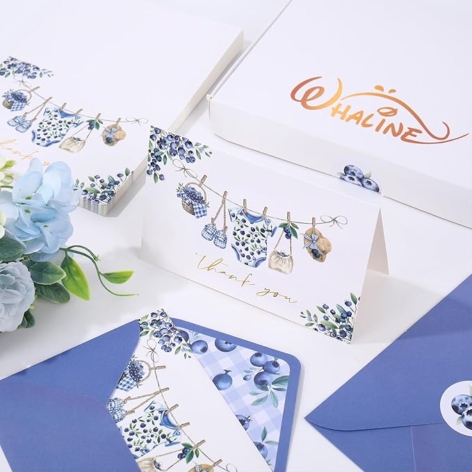 Whaline 50 Pcs Baby Shower Thank You Cards Greeting Cards with Envelopes Stickers Gold Foil Blue Berry Plaid Baby Cloth Blank Note Cards for Birthday Party Supplies, 4 x 6 Inch
