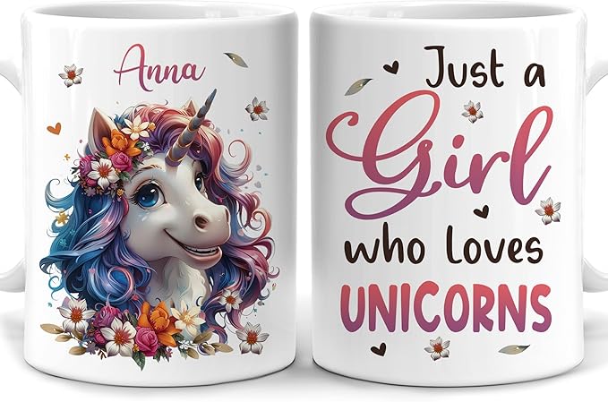Hyturtle Personalized Unicorn Coffee Mug - Custom Name Ceramic Cup for Animal Lovers - Just A Girl Who Loves Unicorns - 11oz or 15oz