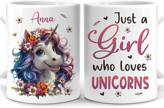 Hyturtle Personalized Unicorn Coffee Mug - Custom Name Ceramic Cup for Animal Lovers - Just A Girl Who Loves Unicorns - 11oz or 15oz