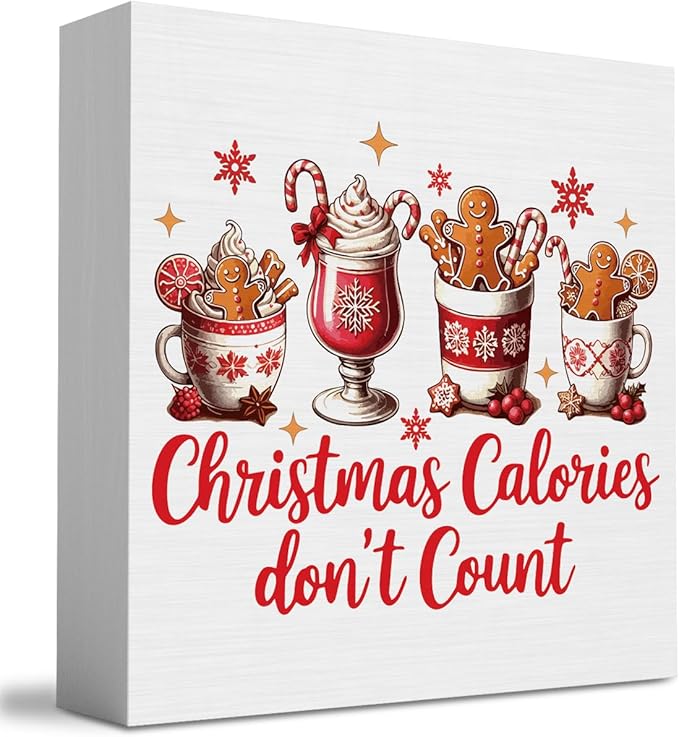 Christmas Kitchen Decorations, Hot Cocoa Sign Gingerbread Home Decor for Table Shelf, Christmas Calories Don't Count Sign 5 x 5 inch