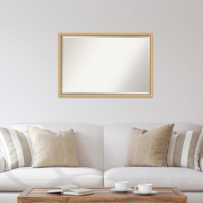 Amanti Art Gold Wall Mirror 26x38 Salon Scoop Gold Rectangle Bathroom Mirror for Wall Decor Living Room, Large Casual Wood Frame, Hangs Horizonally and Vertically, Bathroom Decor, Beveled Edge