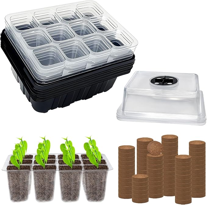 ZeeDix Seed Starter Kit, 6 Pack Seed Starter Trays with 90 PCS Coco Pellets, Base Tray for Indoor Planting, Mini Greenhouse Germination System for Herbs Vegetables Gardening Supplies(72 Cells)