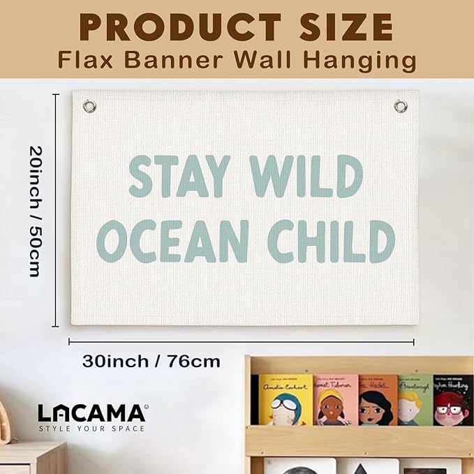 Lacama Beach Theme Wall Decor for Boys Room, Coastal Kids Playroom Nursery Hanging Sign, Stay Wild Ocean Child Linen Canvas Banner, Rustic Nautical Surf, 30x20 Inch