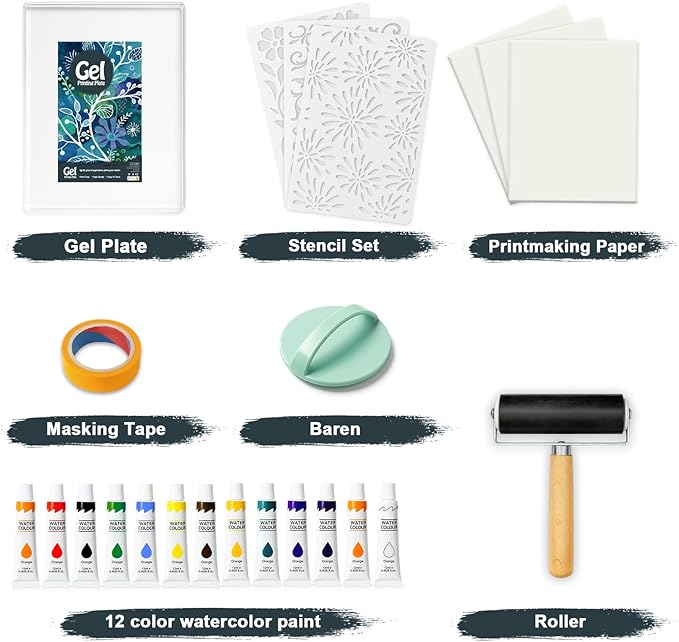 INNOVAYOU 8*10inch Gel Plate Kit, Set with Gel Printing, Rubber Roller, Watercolor Paints, Stencils, Printing Paper, Rollers and Baren, Suitable for Card Making, Arts And Crafts, Scrapbooking, Diary