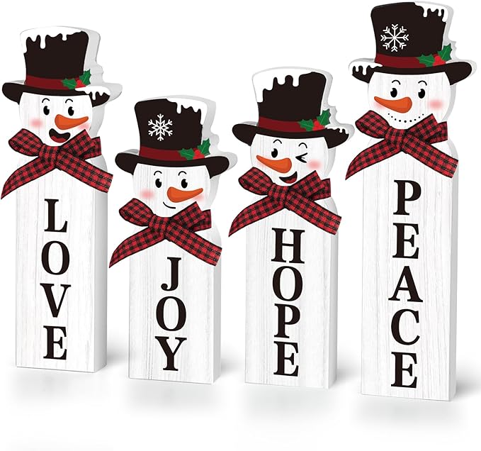 Christmas Snowman Decorations, Wooden Snowman Joy Table Centerpiece Sign, Winter Tiered Tray Decor for Xmas Holiday Home Decor (Snowman)