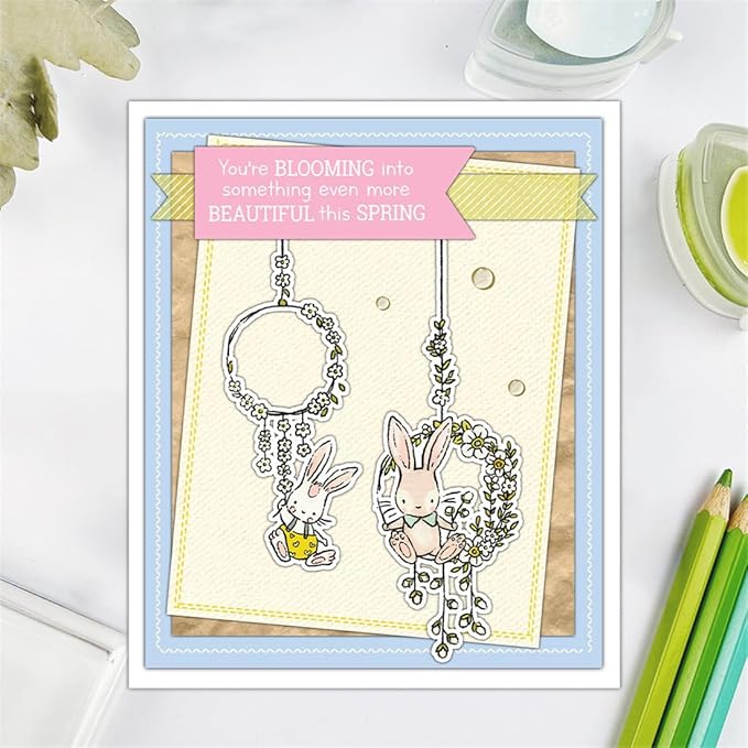 Spring Rabbit Flower Wreath Stamps and Cutting Dies for Card Making DIY Transparent Silicone Clear Stamp and Metal Die Cuts Sets for Scrapbooking Paper Greeting Cards Decor Seals Craft Supplies