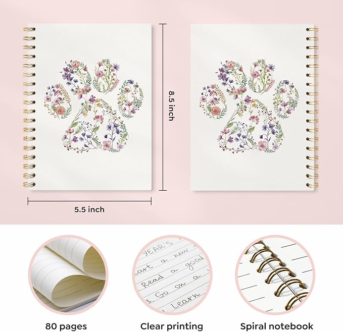 VONTP Floral Dog Paw Journal Notebooks, Dog Mom Gifts College Ruled Notebooks for Women, Dog Pet Lovers Gift Journal Journaling, Spiral Notebook 5.5x8.3