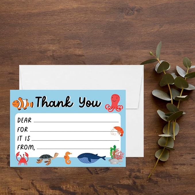 Andaz Press Kids Fill in the Blank Thank You Cards - 20 Cards Including Envelopes Sea Life Fun Gender Neutral Note Cards For Boys Girls Birthday Party Thank You Notes for Friends, Family Party Guests