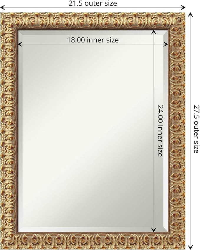 Amanti Art Gold Wall Mirror 27x21 Florentine Gold Rectangle Bathroom Mirror for Wall Decor Living Room, Medium Traditional Wood Frame, Hangs Horizonally and Vertically, Bathroom Decor, Beveled Edge