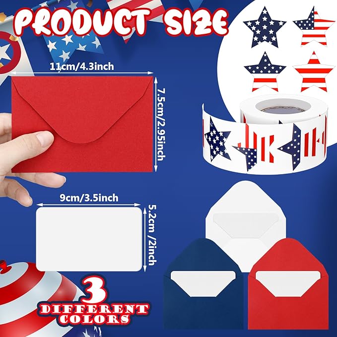 400 Set Mini Patriotic Greeting Cards with Envelopes Stickers July 4th Memorial Day Red White Blue Small Greeting Cards Bulk Blank Note for Independence Veterans Day Supplies(Blue,white,red)