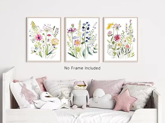 Colorful Wildflower Botanical Canvas Wall Art,Watercolor Flowers Art Poster, Floral Pictures Wall Decor,(8"x10"x3 pcs, Unframed). Painting Artsy Room Decorations for Bedroom Bathroom