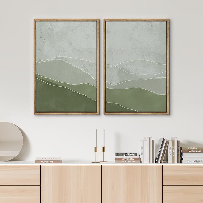 SIGNWIN Framed Wall Art Print Set Faded Green & Gray Wave Landscape Abstract Shapes Illustrations Modern Art Bohemian Relax/Calm Multicolor for Living Room, Bedroom, Office - 24"x36"x2 Natural