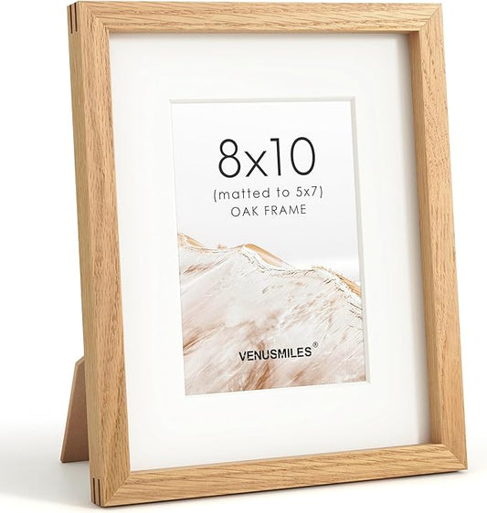 8x10 Picture Frame, USA-Sourced Natural Oak Wood Photo Collage Frame with HD Tempered Glass, Modern Simple 8 x 10 Wooden Frame Matted to 5x7, Gallery Wall Frames for Art, Wall or Tabletop Display