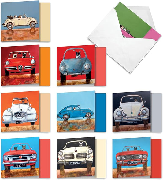 The Best Card Company - 10 All Occasion Blank Cat Cards (4 x 5.12 Inch) - Cute Assorted Bulk Card Set - Car Cats MQ4978OCB-B1x10
