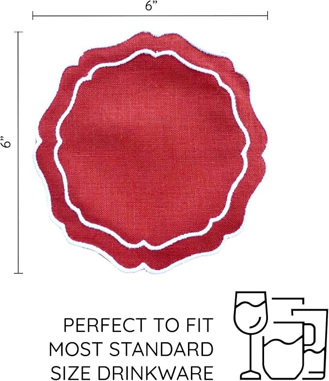 Drink Coasters Set of 6, 6x6 inch, Absorbent Linen Drink Mats with Scalloped Edge, Reusable Handmade Coffee Coasters for Home Decor & Tabletop Protection & Gift Giving (Brick)