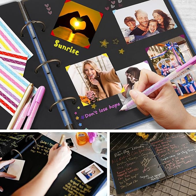 Photo Album DIY Scrapbook (10x10 inch 50 Pages Double Sided) Vintage Hardcover Three-Ring Binder Picture Booth Albums with 6 Colors 408pcs Self Adhesive Photos Corners for Memory Keep (Blue)
