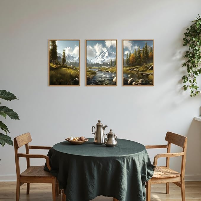 Large Watercolor Snow Mountain Framed Canvas Wall Art,Modern River Grassland Wall Decor,Natural Green Forest Artwork,Neutral Wood Landscape Art Print for Living Room,Bedroom,Office- 24"x36"x3