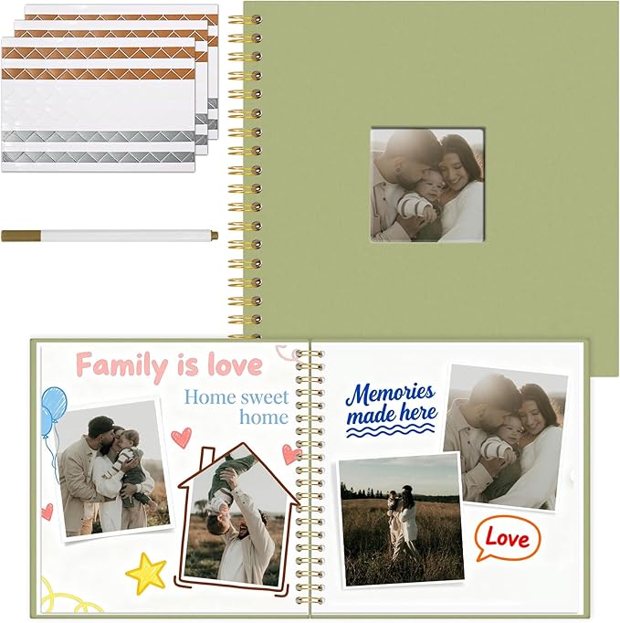 Vienrose 10 x 10 Inch Scrapbook Photo Album, Linen Hardcover Photo Book with 40 White Pages, DIY Memory Book Kit with Accessories for Wedding, Baby Shower, Travel, Christmas (LightGreen, 20 Sheets)