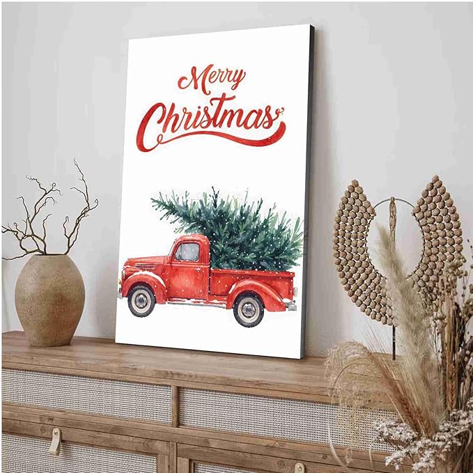 Framed Canvas Wall Art Christmas Truck Print Red Vintage Pickup Truck Christmas Tree Home Decor Holiday Wall Art Watercolor Painting 12x18in Wood Framed