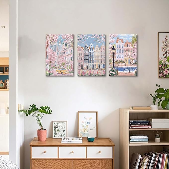 XLARTMY Watercolor City Landscape Travel Wall Art Canvas Framed Pink Cherry Flower Poster Girly Prints Painting Pictures Set of 3 for Bedroom Living Room Office 16x24in