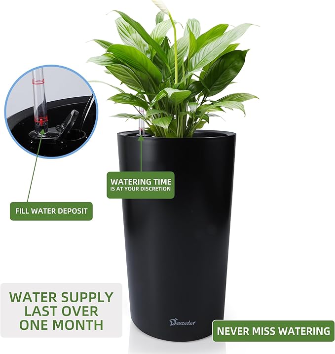 Dexceder 22x13 Tall Self Watering Planter High Cylinder Indoor Outdoor, Thickened Large Floor Standing Flower Plant Pot with Water Level Indicator (Black Matte)