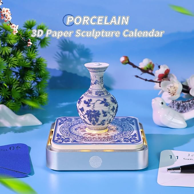 3D Time Piece Calendar 2026 3D Tear Away Art Memo Pad Notepad Desk Calendar with Light,3D Art Calendar Desktop Decoration Gift for Christmas (Blue and White Porcelain)
