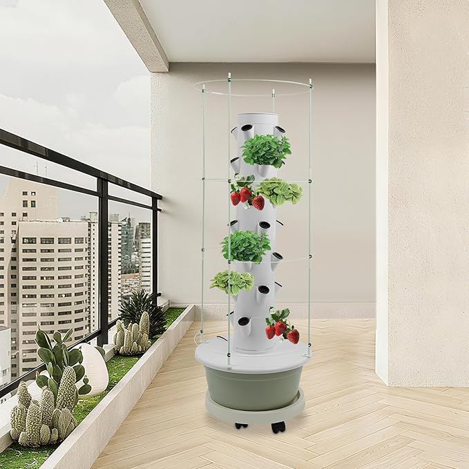 Hydroponic Growing Tower Kit, 7-Tier 28 Plant Hydroponic Indoor Vertical Garden with Climbing Trellis & Timer, Vertical Hydroponics System for Lettuce, Strawberries, Herbs, Vegetables, White