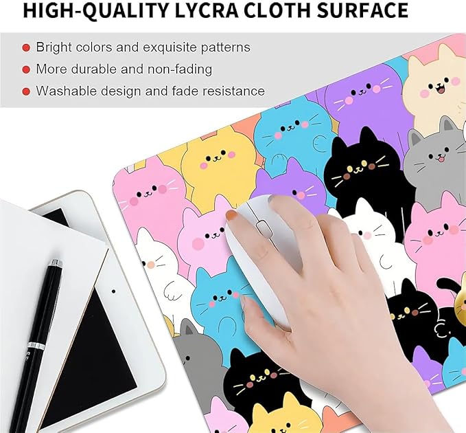Square Mouse Pad Rainbow Cat, Personalized Premium-Textured Custom Mouse Mat Design, Washable Mousepad Cloth, Non-Slip Rubber Base Computer Mouse Pads for Wireless Mouse
