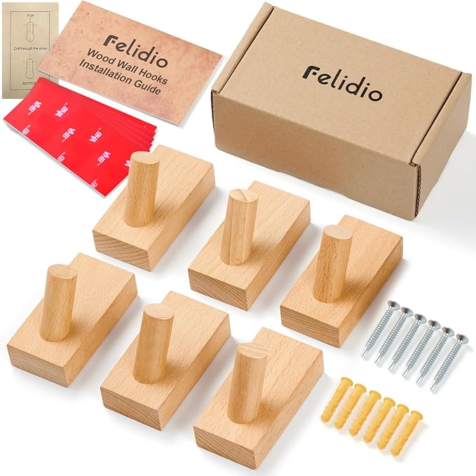 Natural Wooden Wall Hooks, Adhesive & Screw Mount Coat and Towel Hooks - Decorative Key Holder, Hat Rack, Stocking Wall Hangers for Bathroom Entryway Closet - 6 Pack, Beech Wood