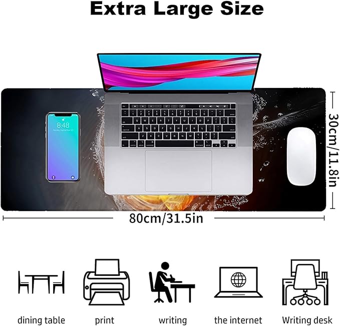 Fire & Ice Baseball Gaming Mouse Pad, Office Desk Mat, Anti-Slip Rubber Base Cool Aesthetic Mouse Pads for Computer Laptop Keyboard School Home Desktop Gamer Home Accessories Decor 31.5" x 11.8"