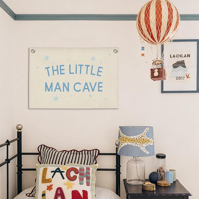 Little Man Cave Boys Room Decor Wall Art,Blue Nursery Wall Decor Hanging Banner Print for Kids Boys Toddler Nursery Room Bedroom Playroom, 30x20 Inch
