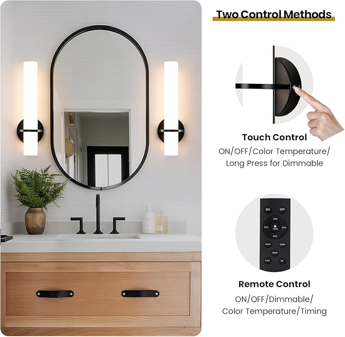 Black Battery Operated Wall Sconces Set of 2, 10000mAh Rechargeable Wireless Wall Sconce with Remote Control, 3000K-6000K Dimmable LED Wall Lights for Living Room Bedroom Hallway 15 Inch