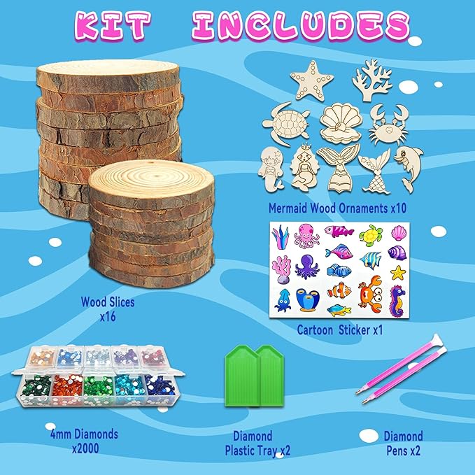klmars Mermaid Themed Wooden Painting Kit-Glow in The Dark-Arts & Crafts Gifts for Kids Girls Ages 6-12-Wood Slice Craft Activities Kits -Mermaid Art Toys for Kids Christmas Gifts