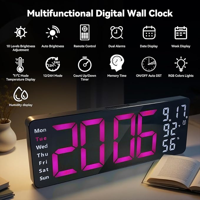 Digital Wall Clock Large Display, 17.3" Digital Clock with RGB Color Remote Control, Auto-Dimming Big Wall Clock with Night Light,Auto DST,Date Week,Temp for Home Decoration, for Elderly (Rose red)