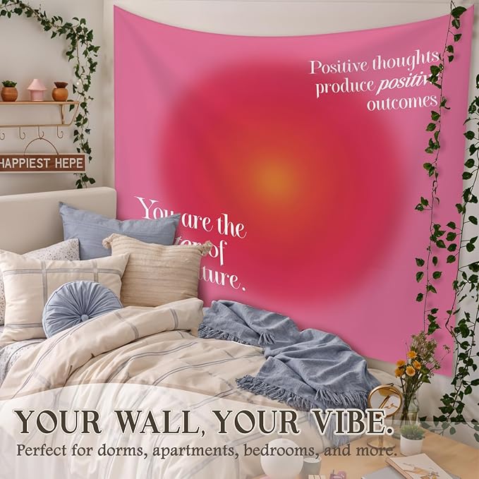 STHTTSW Pink Aura Tapestry Aesthetic, Positive Affirmations Cute Tapestries Wall Blanket, Motivational Wall Hanging Decor for Dorm School Counselor Therapy Office 50x60 Inch