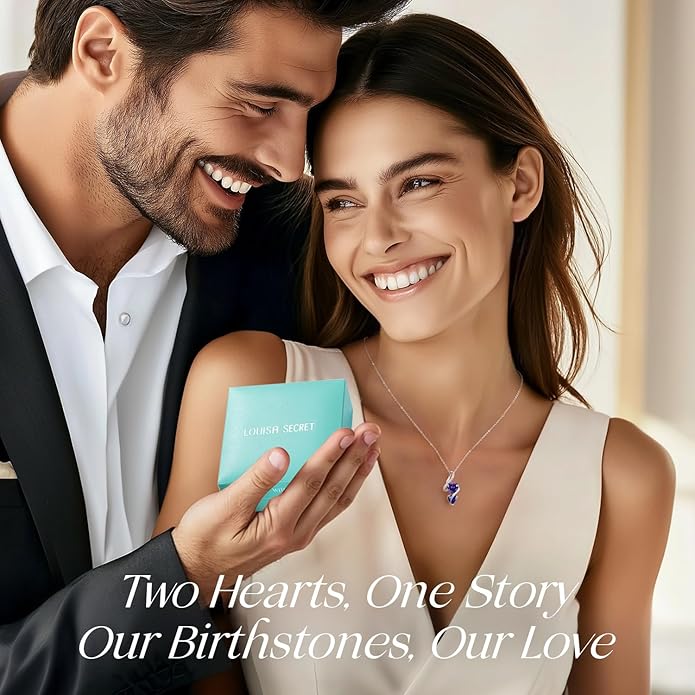 LOUISA SECRET Unique Double Heart Necklace Gifts for Wife Women, 925 Sterling Silver Tiny Birthstone Pendant Jewelry Gift for Her Girlfriend Mom Valentine's Day Anniversary Mother's Day Birthdays & Christmas