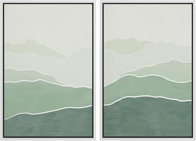 SIGNWIN Framed Wall Art Print Set Green Gradient Wave Landscapes Abstract Shapes Illustrations Modern Art Bohemian Relax/Calm Multicolor for Living Room, Bedroom, Office - 24"x36"x2 White
